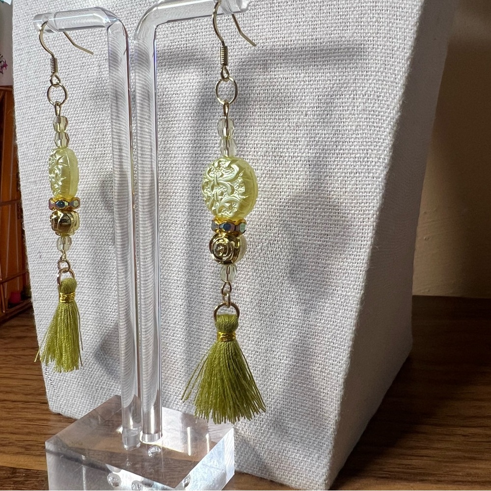 Chartreuse Green Artisan Tassel Earrings - Picture 3 of 4